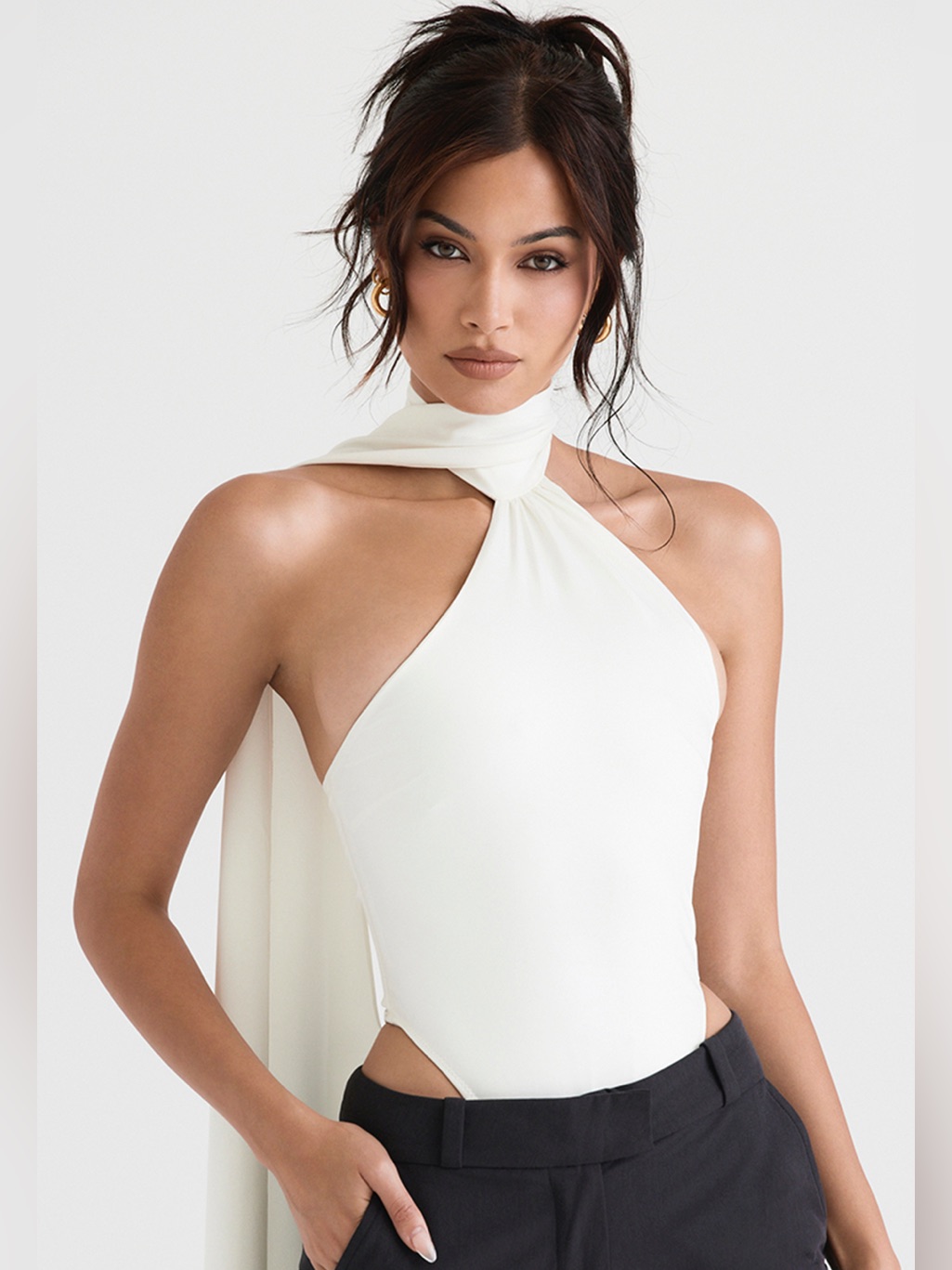 House Of Cb 'Farrah' Ivory Satin Wrap Neck Bodysuit Nwot